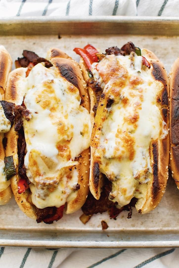 Joanna Gaines recipe for Philly Cheesesteaks from the Magnolia Table Cookbook Vol. 2.