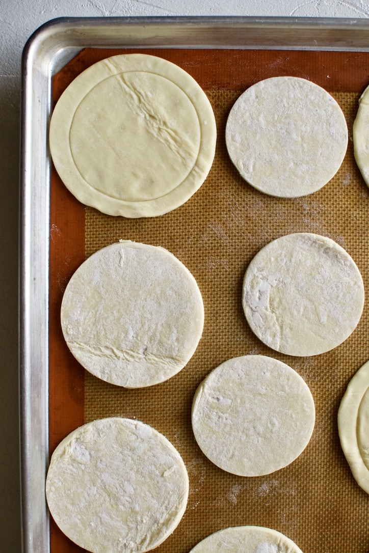 Puff Pastry, before cooking, cut into 3 different sized rounds to fit into serving dishes.