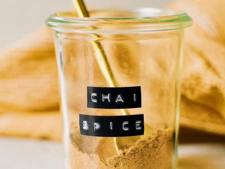 Kendell's Chai Spice Mix in a glass jar labeled Chai Spice.