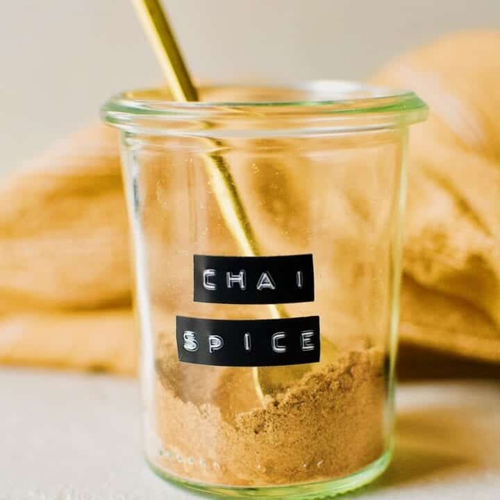 Kendell's Chai Spice Mix in a glass jar labeled Chai Spice.