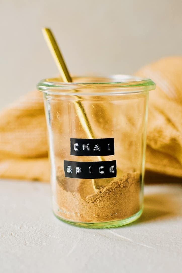 Kendell's Chai Spice Mix in a glass jar labeled Chai Spice.