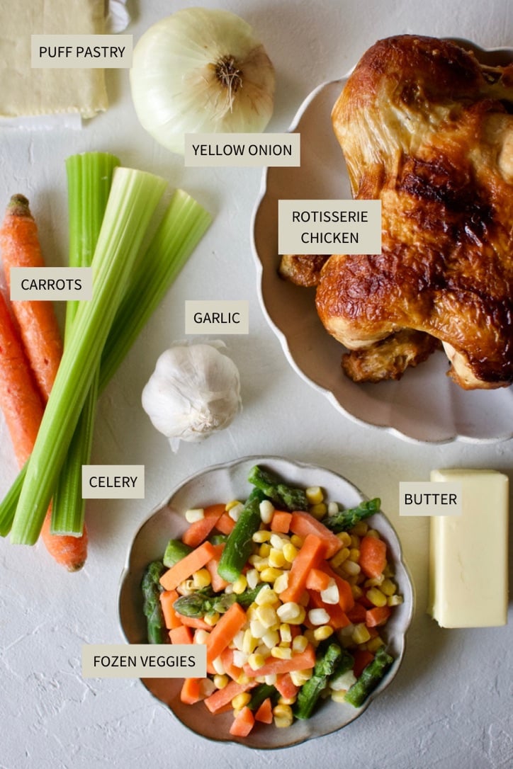 Ingredients needed to make Individual Chicken Pot Pies with Puff Pastry.