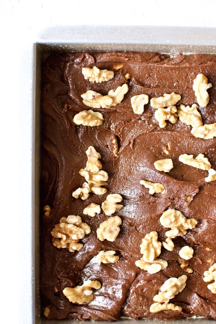 classic brownie batter laid in the prepared tin and topped with walnuts.