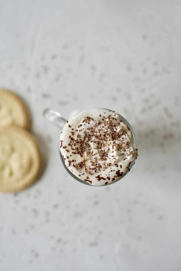 Classic Irish Coffee topped with chocolate shavings.