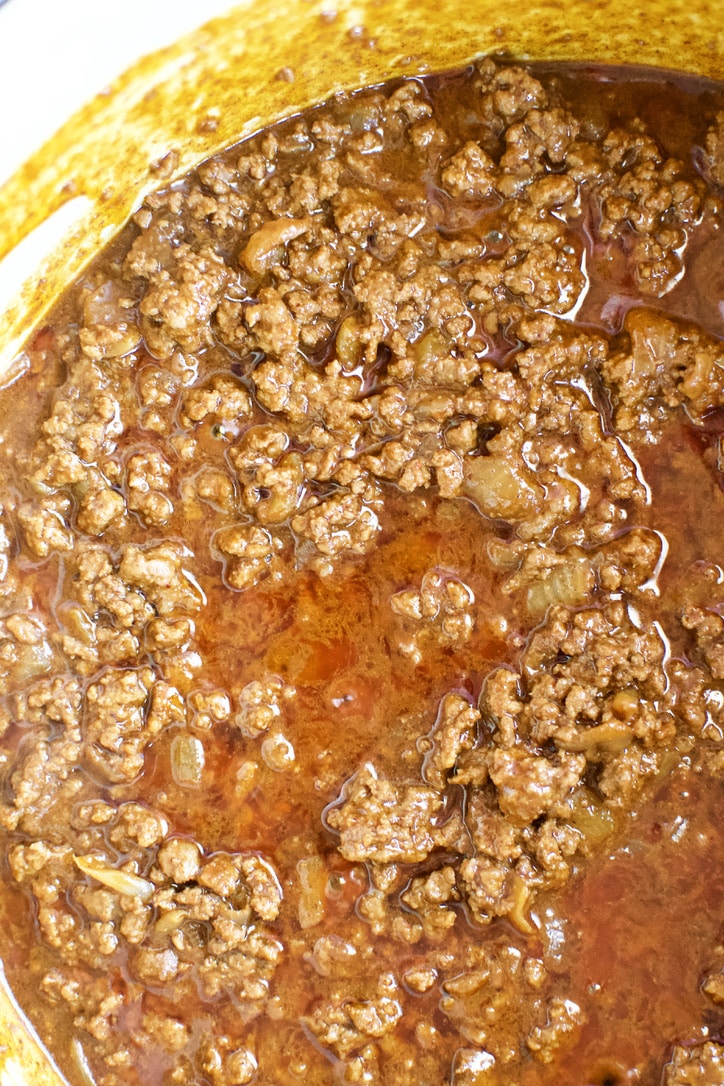Ground beef mixture simmered in the stock.
