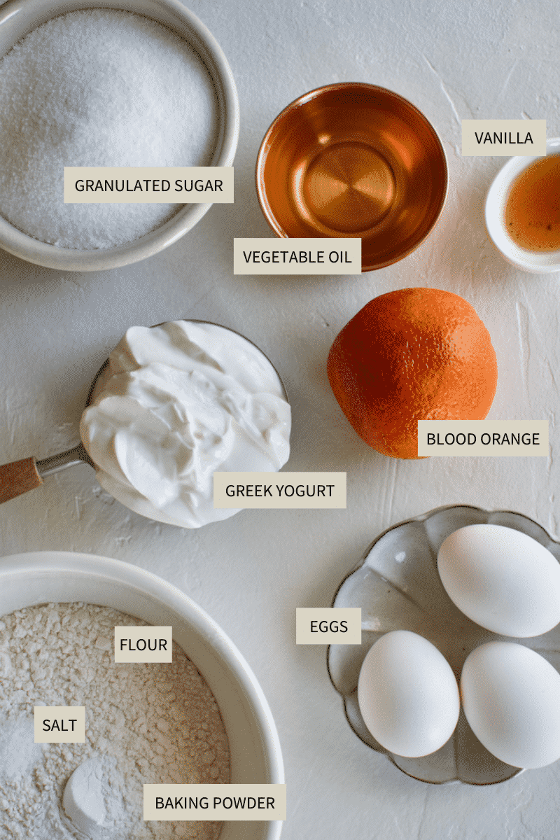 Ingredients needed to make Yogurt Cake with Blood Orange Glaze.