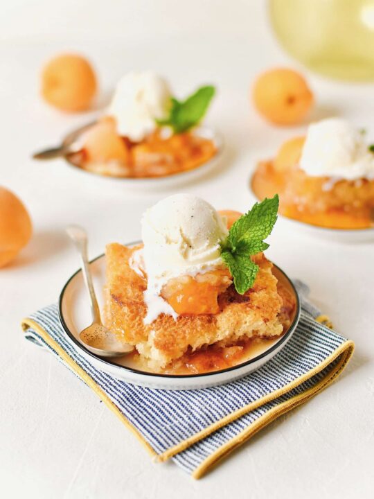 Apricot Cobbler served on small plates with a scoop of vanilla ice cream on top, a slice of fresh apricot, a sprig of mint, and a spoon to eat it with.