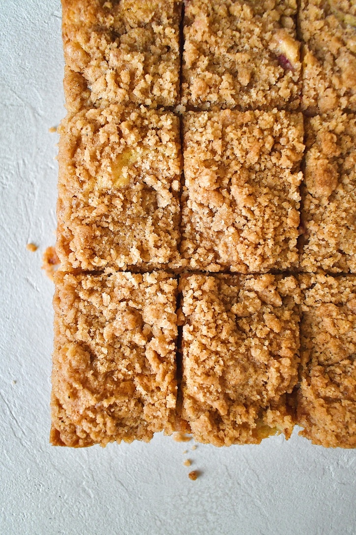 Raspberry Rhubarb Buckle after cooking, topped with streusel.