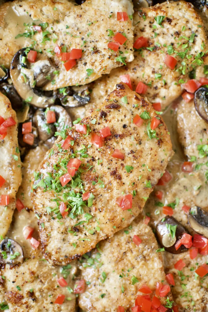 Creamy Chicken and Mushrooms finished in the pan sauce.