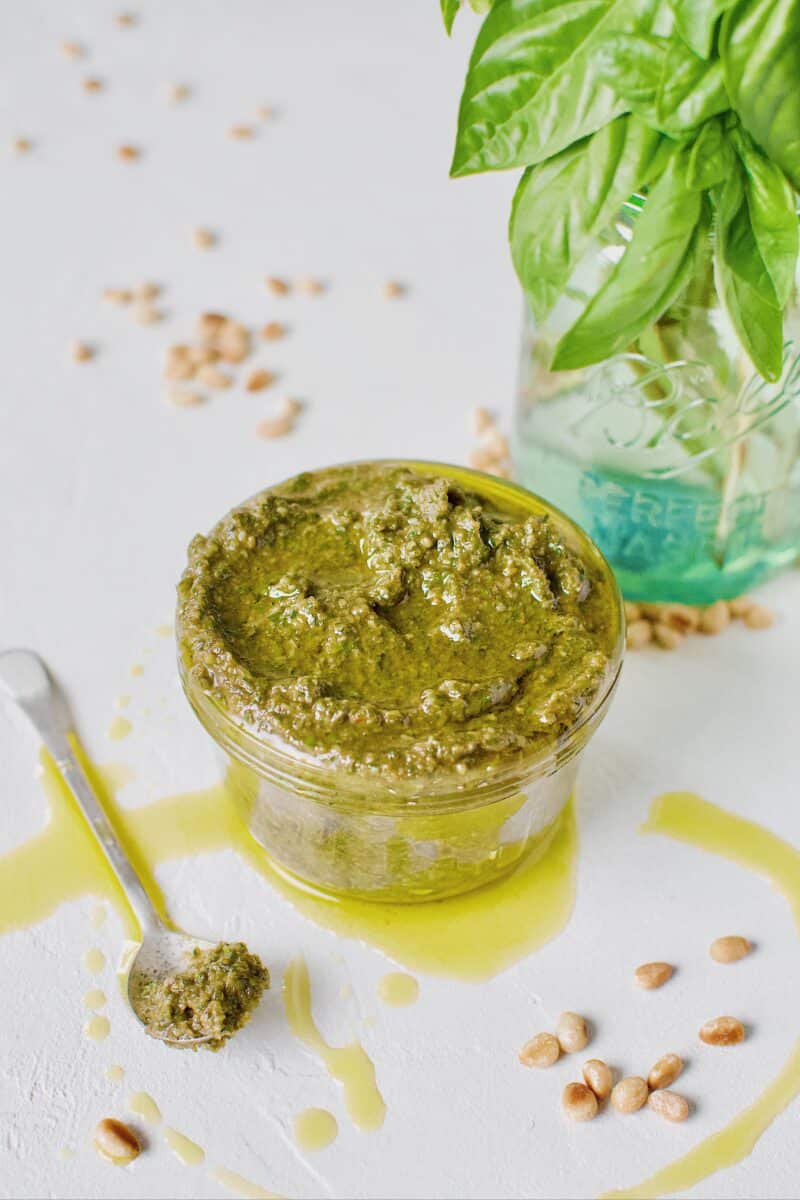 Fresh Basil Pesto Sauce just made and placed in a jar for storage.