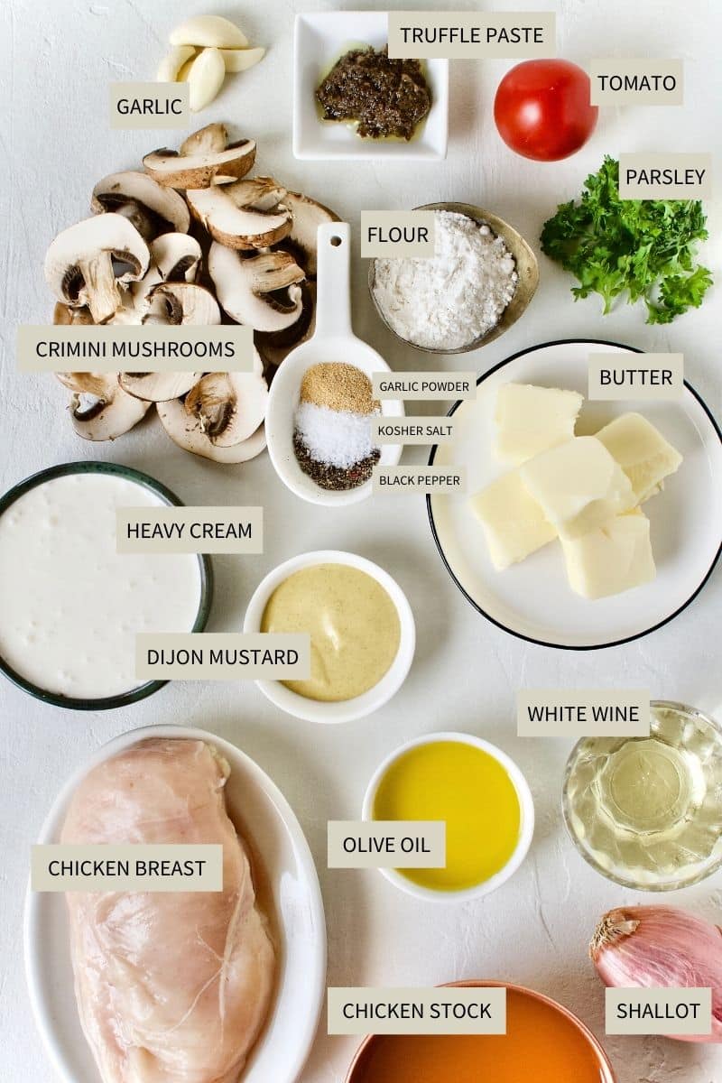 Ingredients needed to make Creamy Chicken and Mushrooms.