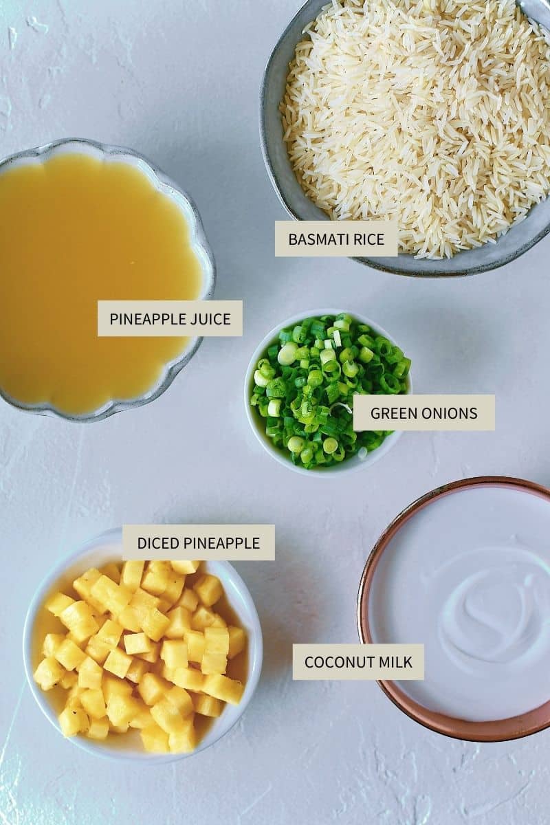 Ingredients needed to make Pineapple Coconut Rice.