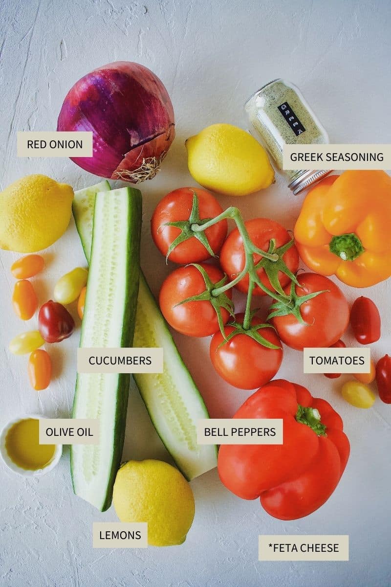 Ingredients needed to make Traditional Greek Salad.