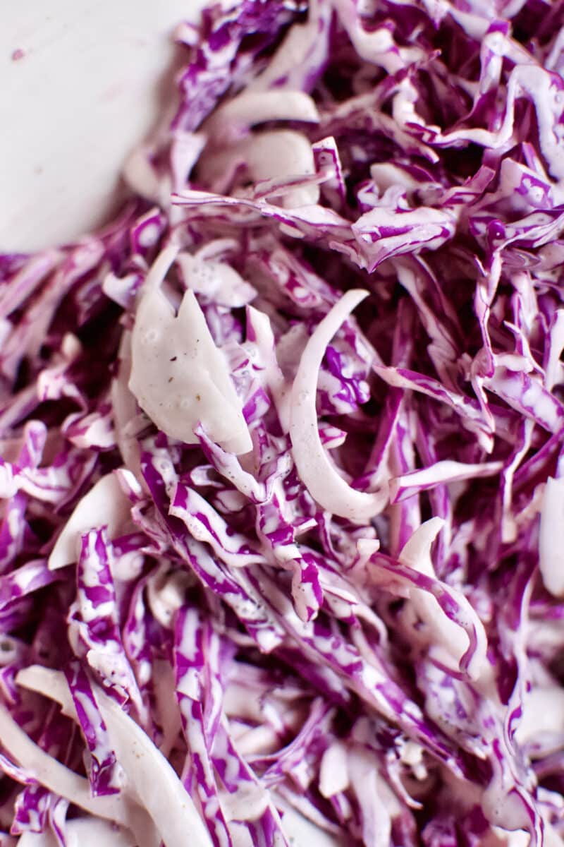 Mixing the red cabbage into the dressing and onions for the red cabbage slaw.