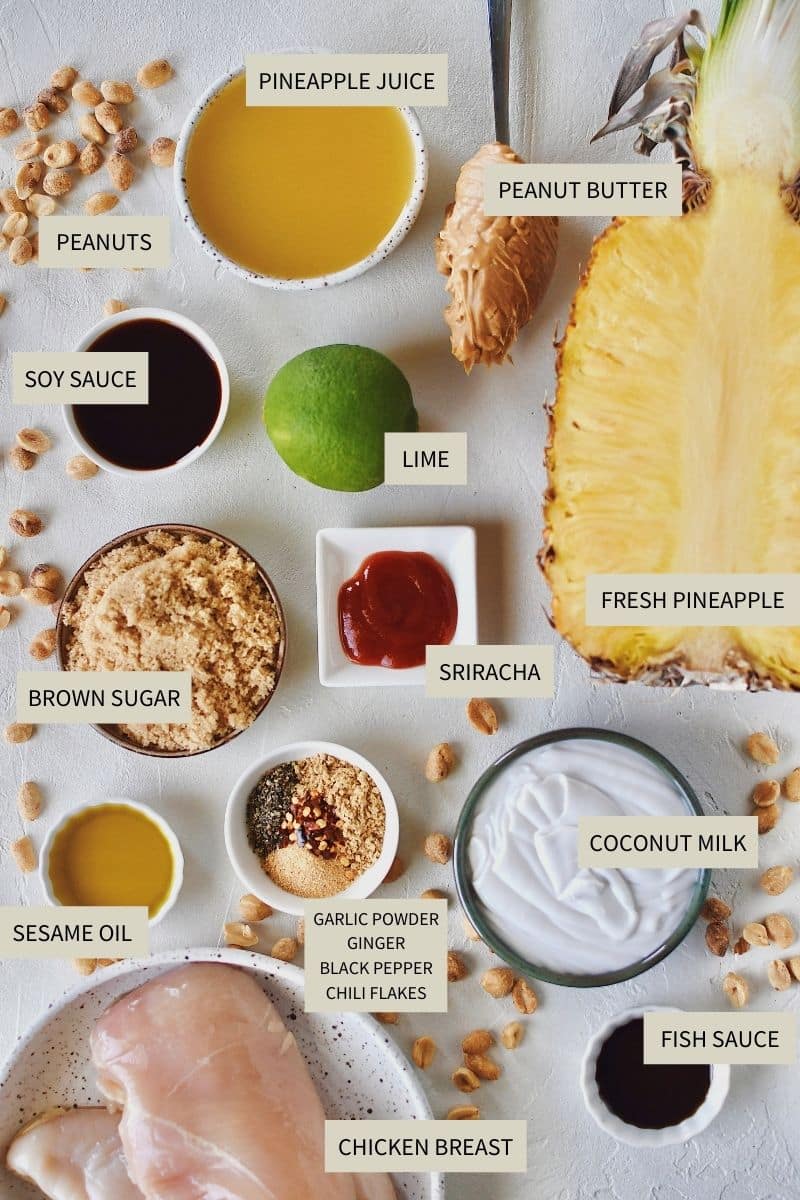 Ingredients needed to make Pineapple Peanut Chicken Skewers.