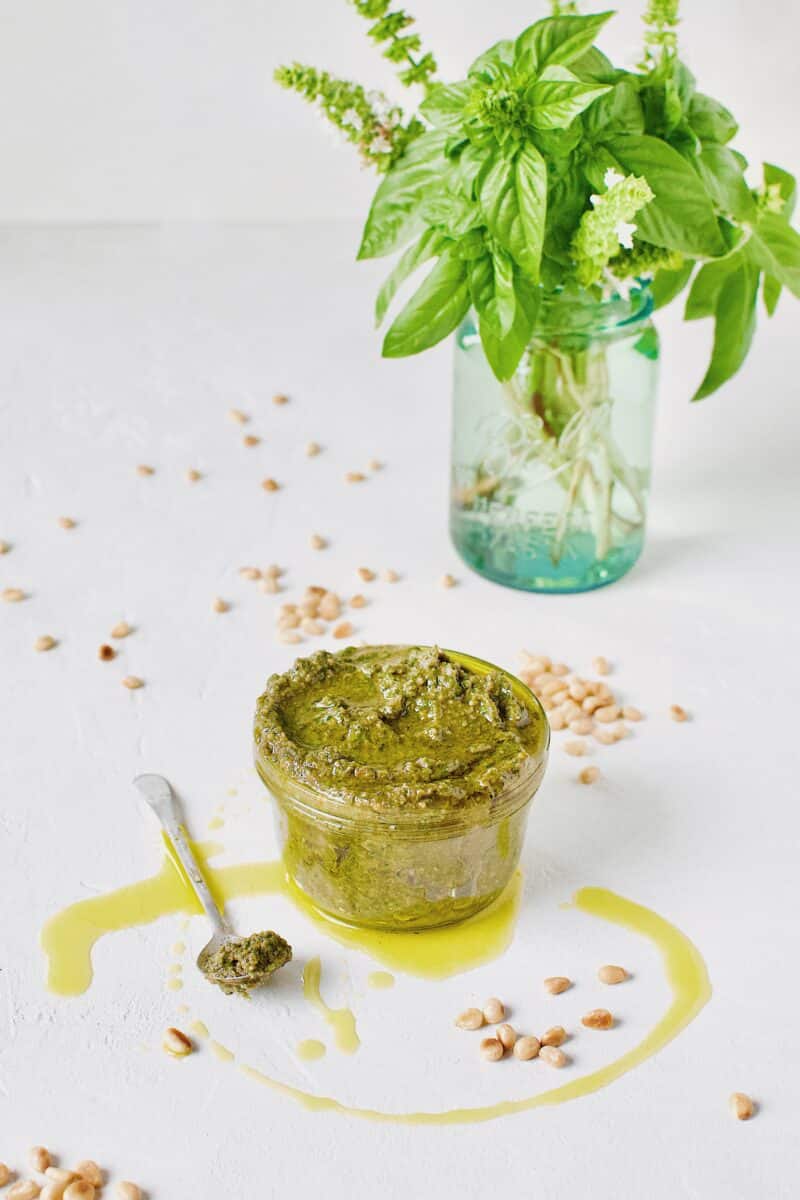 Fresh Basil Pesto Sauce just made and placed in a jar for storage.