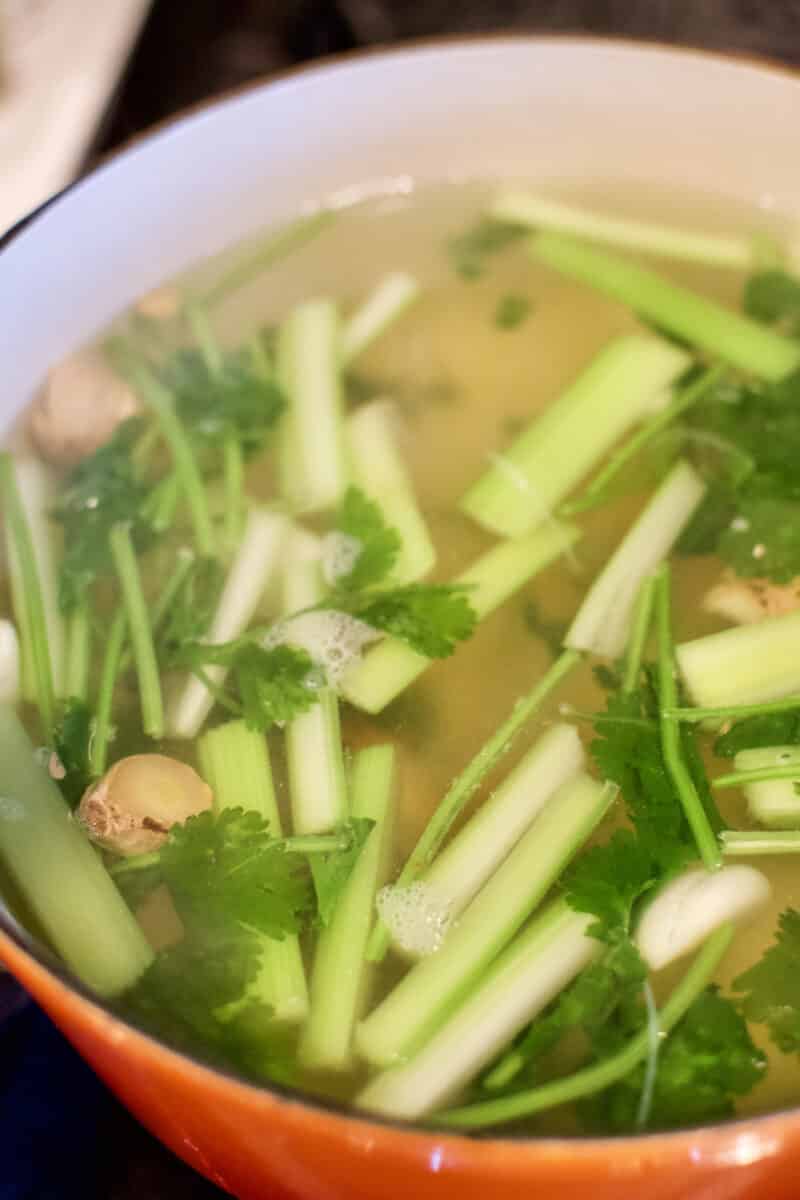 Poaching liquid to cook the chicken for the Asian Noodle Salad.