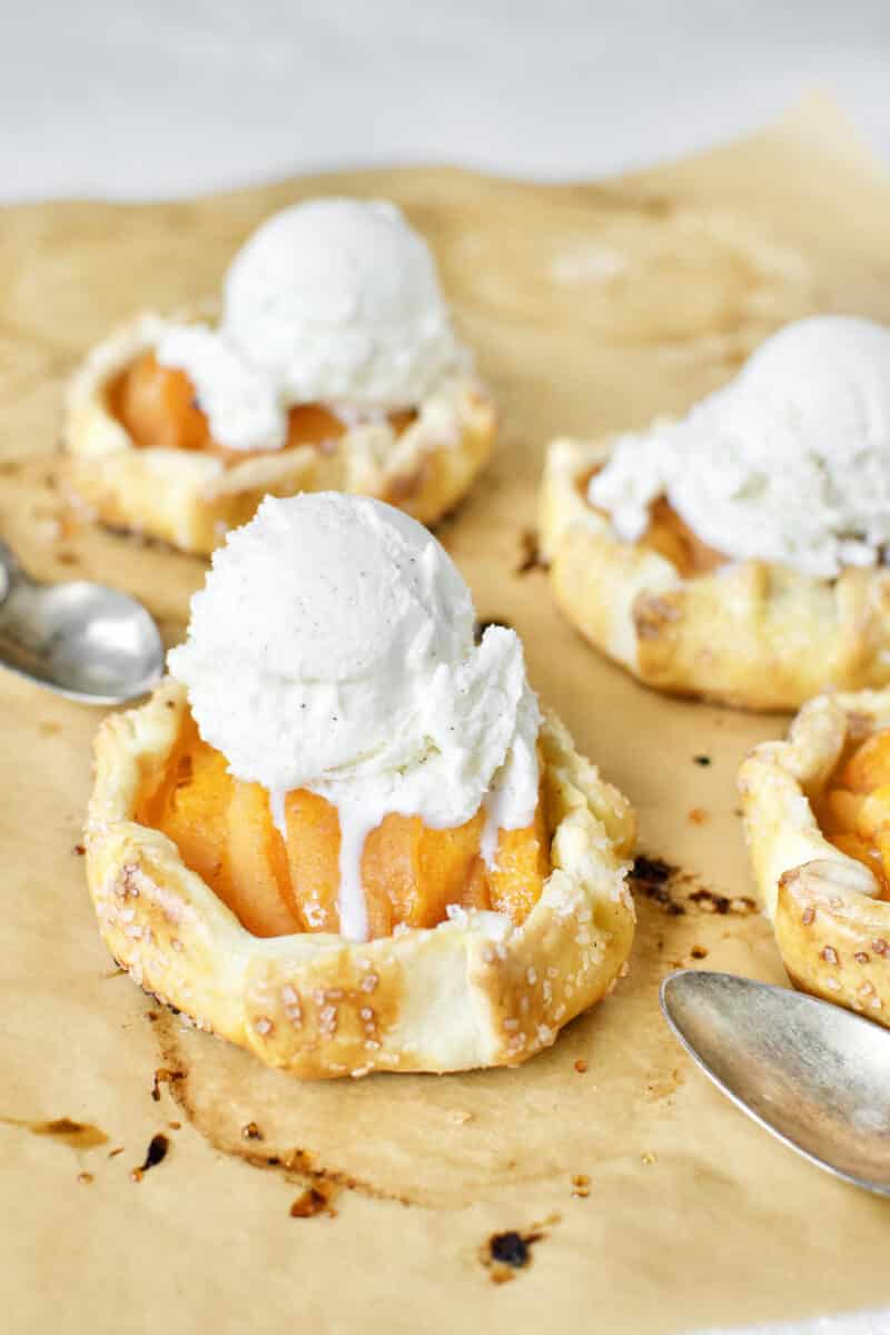 Apricot Pie fresh out of the oven, topped with vanilla ice cream.