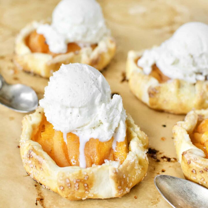 Apricot Pie fresh out of the oven, topped with vanilla ice cream.