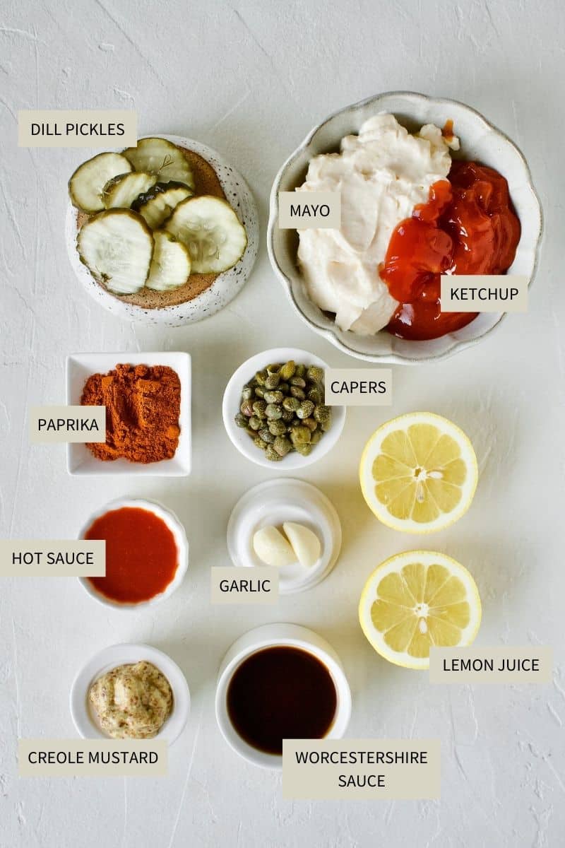 Ingredients needed to make Easy REmoulade Sauce.