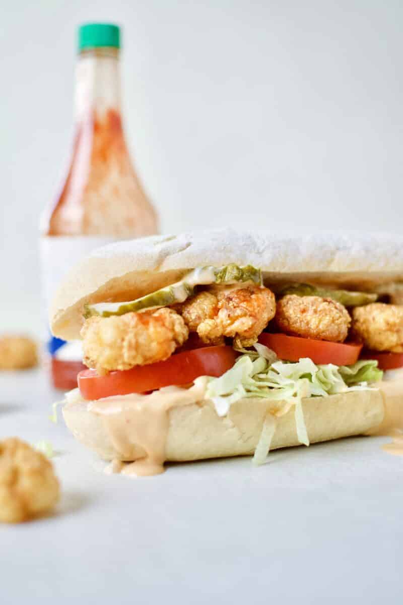 Fully assembled Shrimp Po'boy Sandwich.