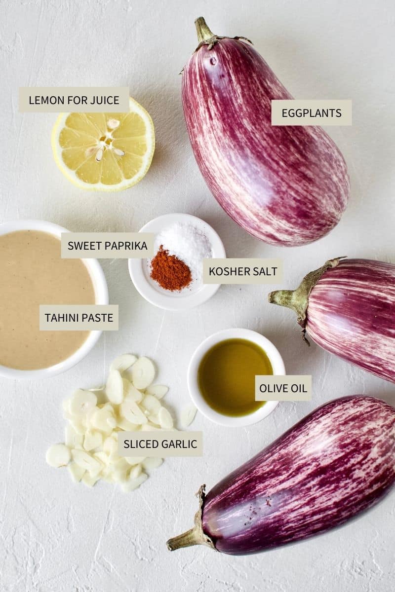 Ingredients needed to make Baba Ghanoush with Toasted Garlic.