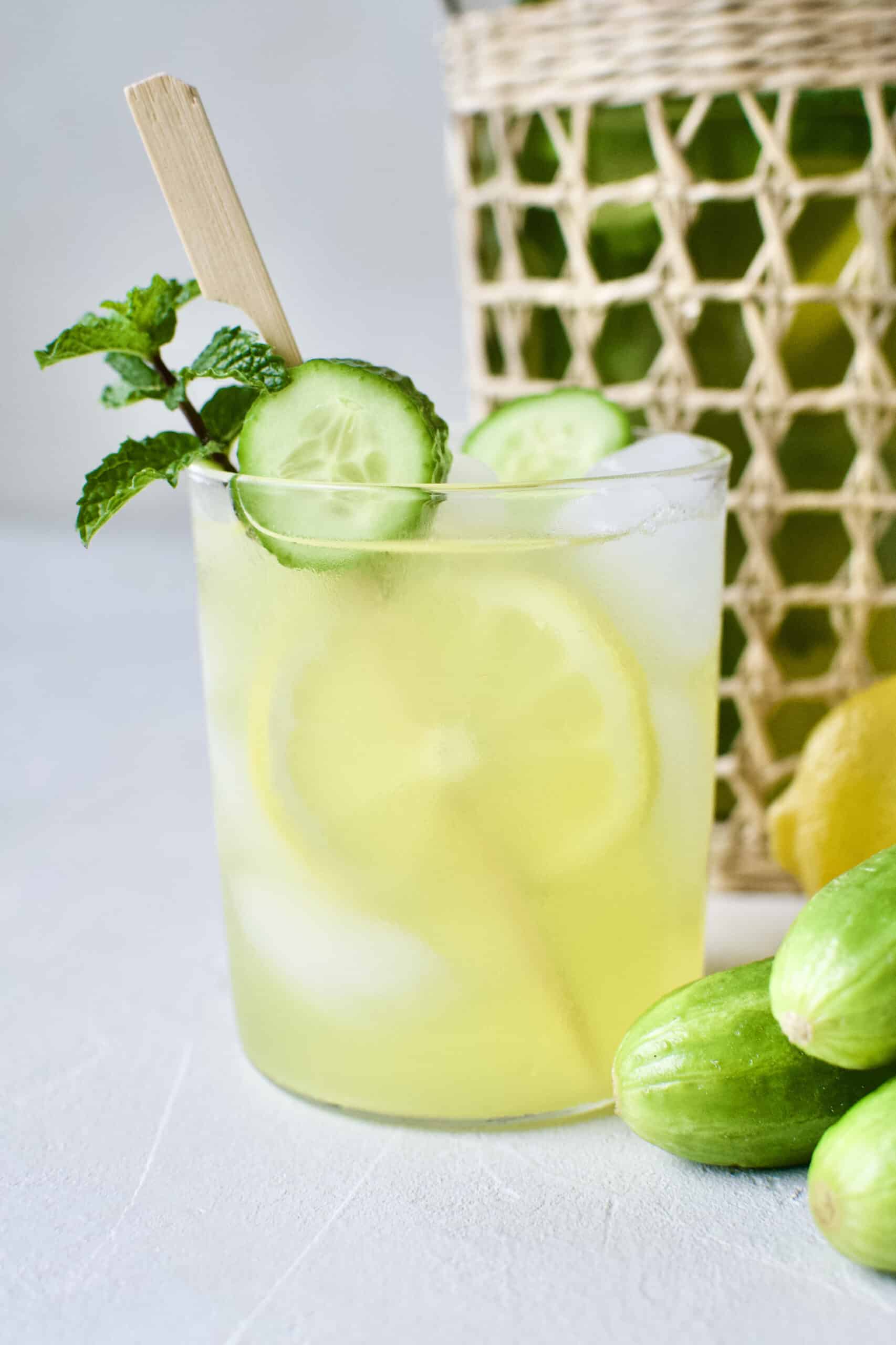 Cucumber Mint Lemonade in a glass with a skewer of lemon and cucumber slices and a sprig of mint.