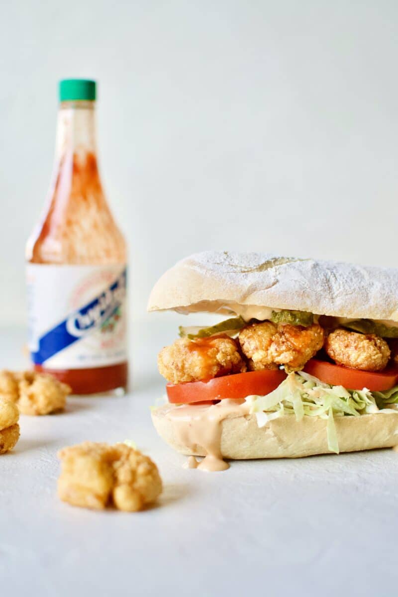 Fully assembled Shrimp Po'boy Sandwich.