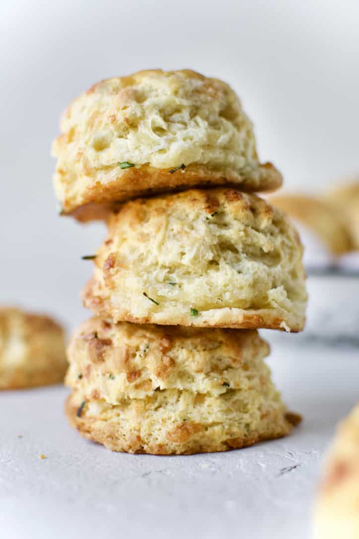 Finished biscuits stacked up showing all the flaky layers.