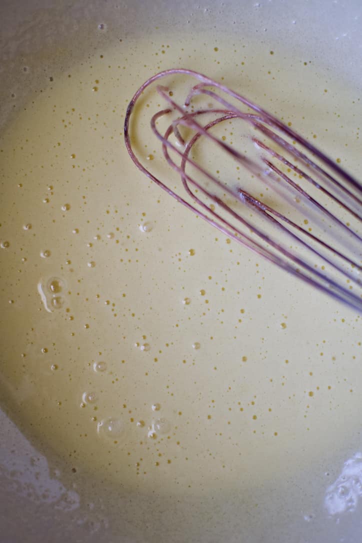 Eggs and sugar whisked together until light and airy.