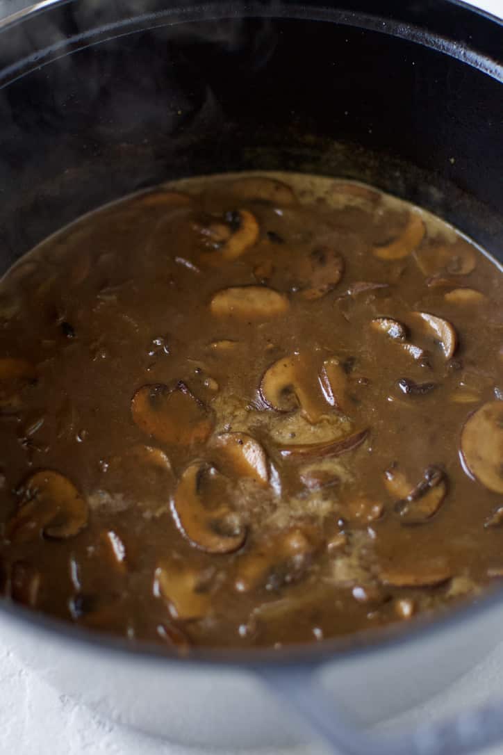 Gravy after it has simmered and thickened.