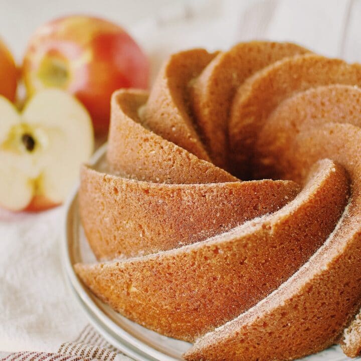 Apple Cider Donut Cake, after being brushed with cider syrup and dusted with spiced sugar.