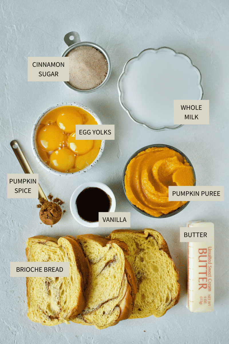 Ingredients needed to make Pumpkin French Toast.