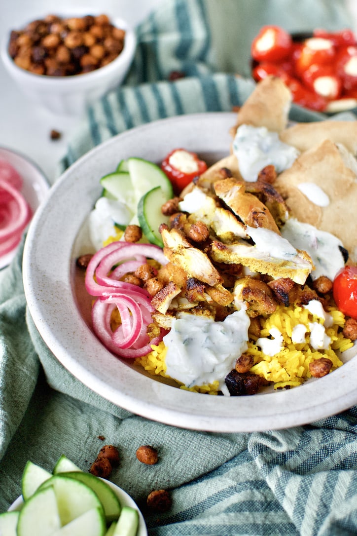 Chicken Shawarma bowl assembled and ready to eat.