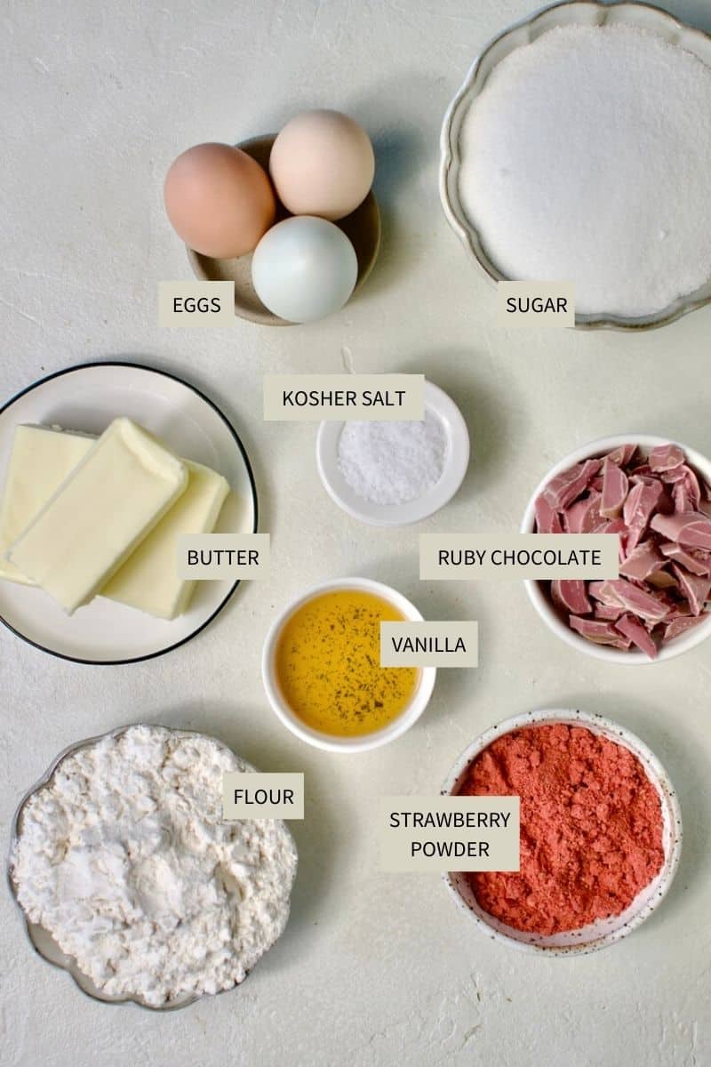 Ingredients needed to make Ruby Chocolate Brownies.