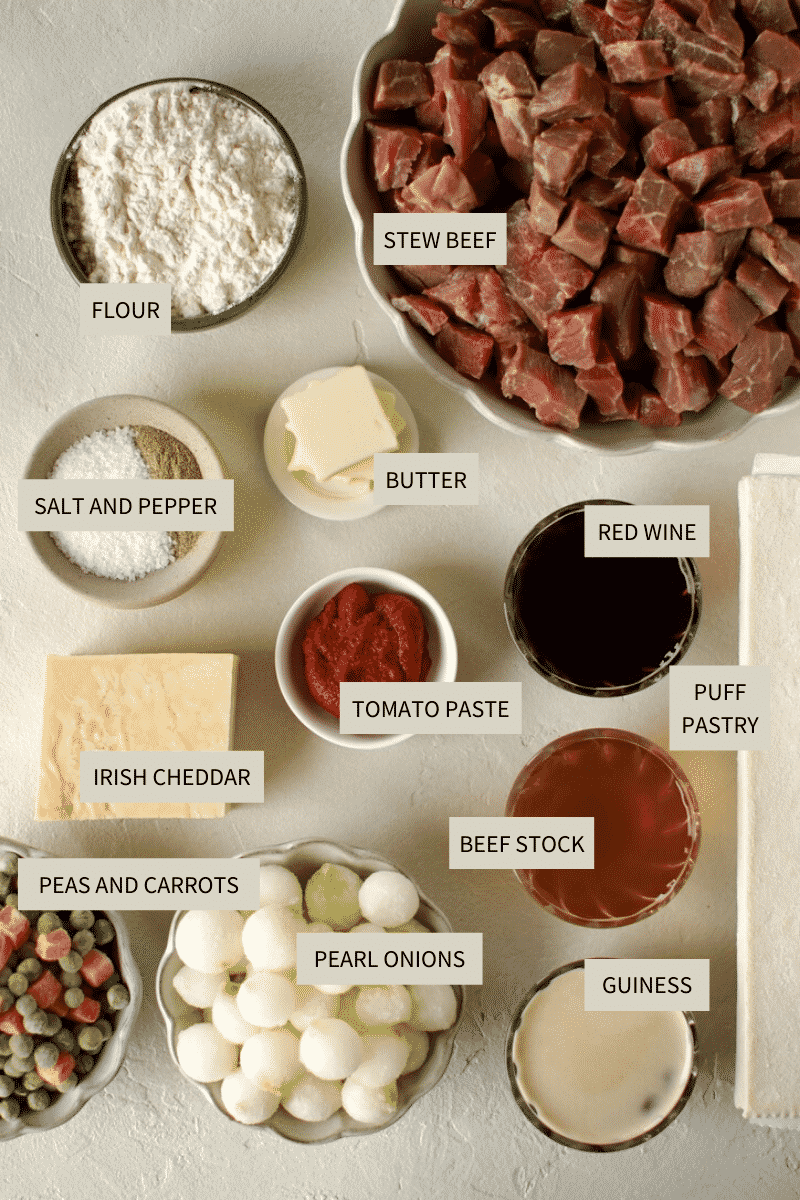 Ingredients needed to make Beef Pot Pie.