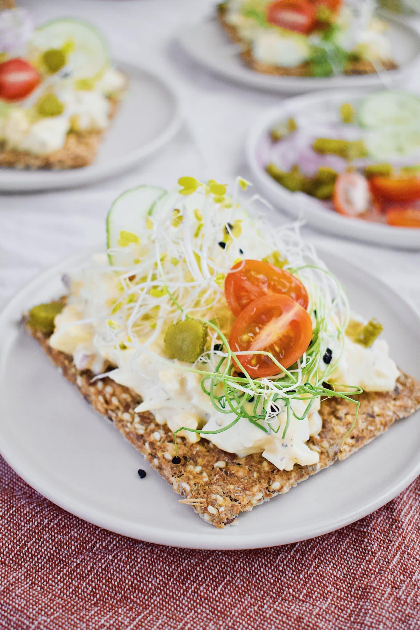 Nordic Egg Salad ready to eat on a crisp cracker with tomatoes and sprouts.