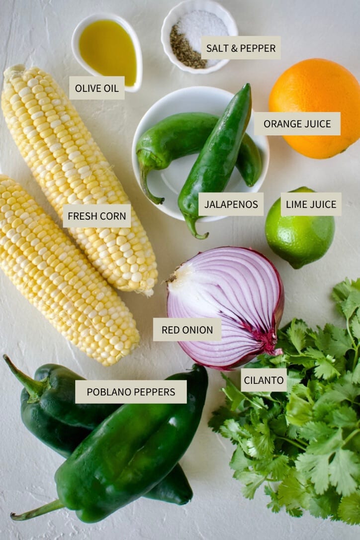 Ingredients needed to make Roasted Chili-Corn Salsa.