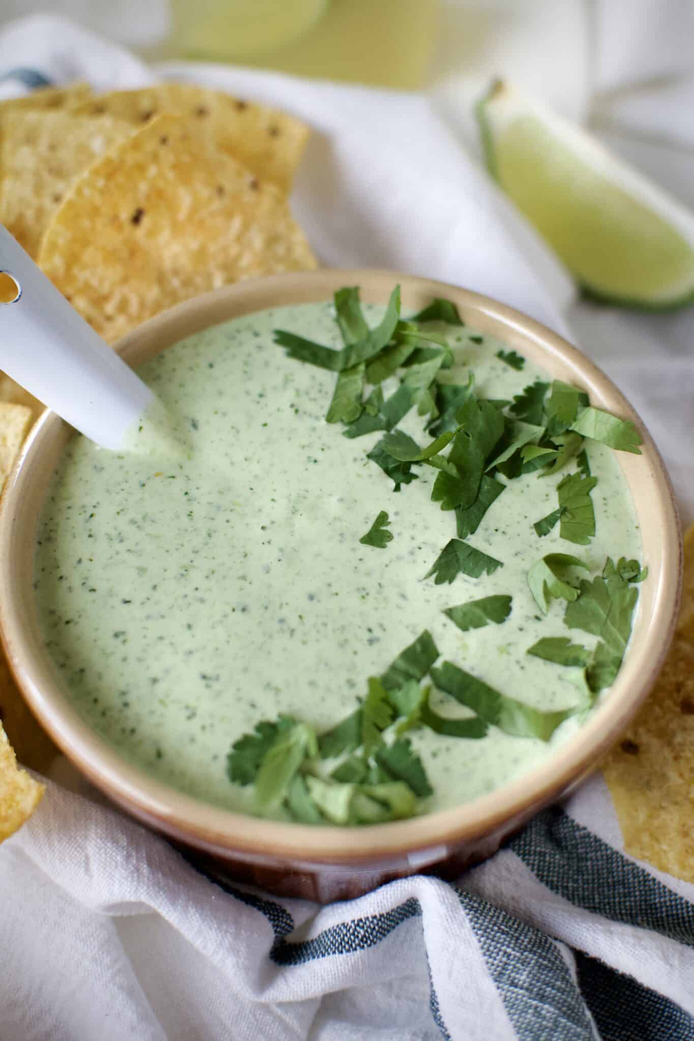 Creamy Jalapeño Dip served with chips.