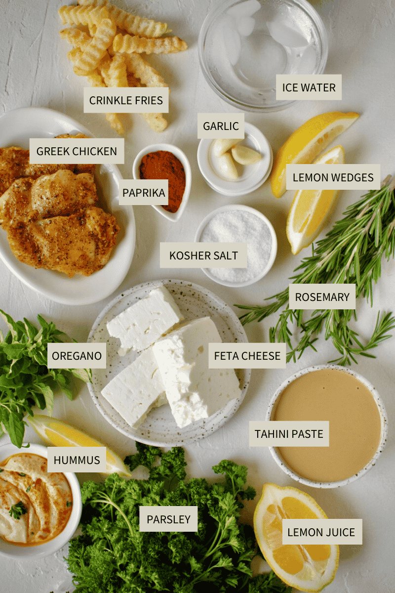 Ingredients needed to make Greek Fries with Chicken.