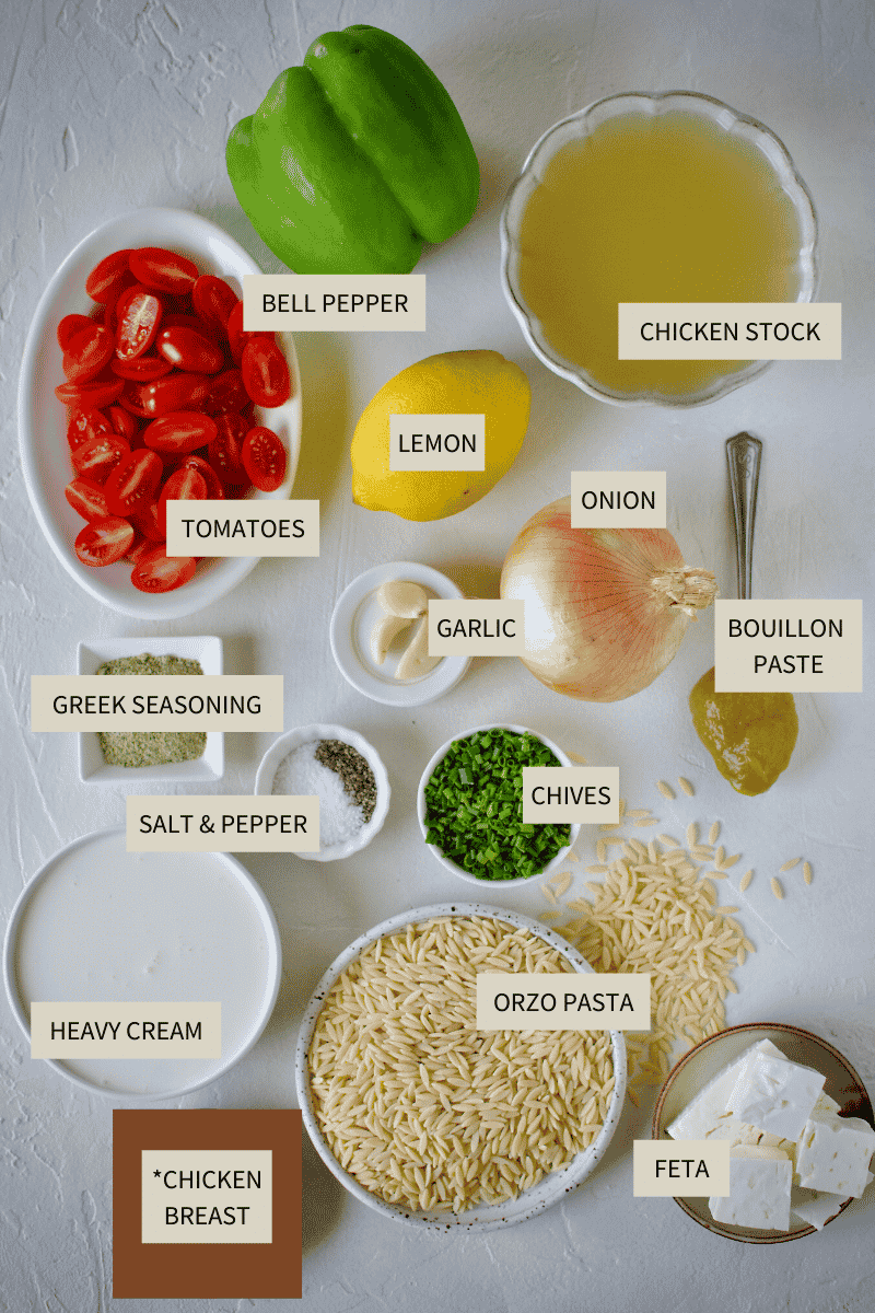 Ingredients needed to make Lemon Orzo Chicken.