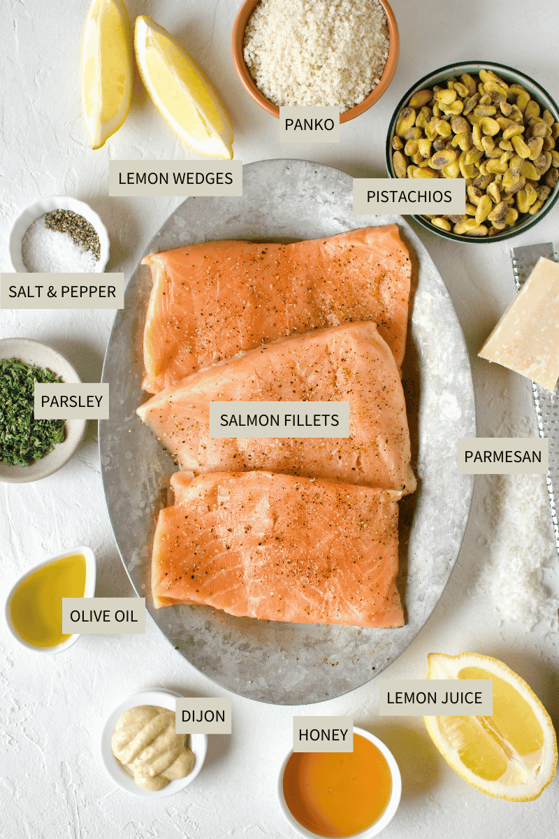 Ingredients needed to make Pistachio Crusted Salmon.