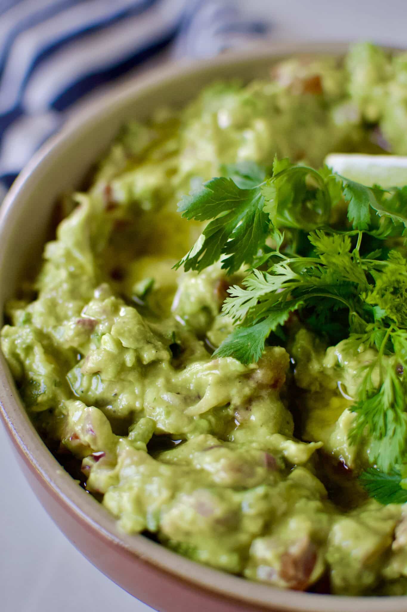Mexican Guacamole Recipe in a bowl topped with baby cilantro sprigs and olive oil.