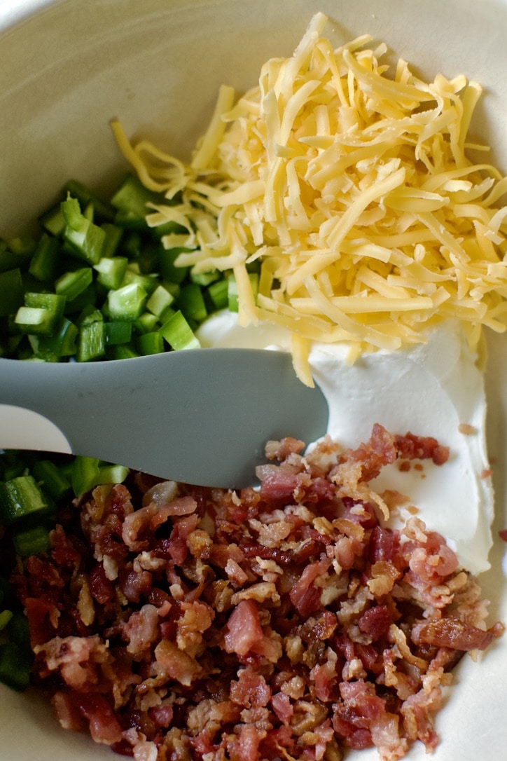 Jalapeno, cheese, and bacon filling for the chicken breasts, before mixing together.