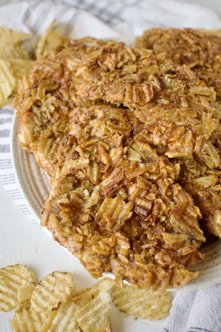 Potato Chip Chicken on a platter, ready to eat.