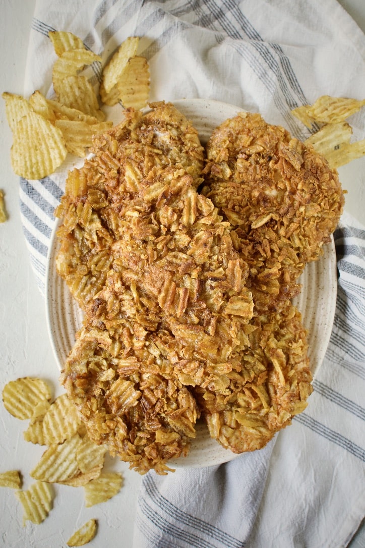 Potato Chip Chicken on a platter, ready to eat.