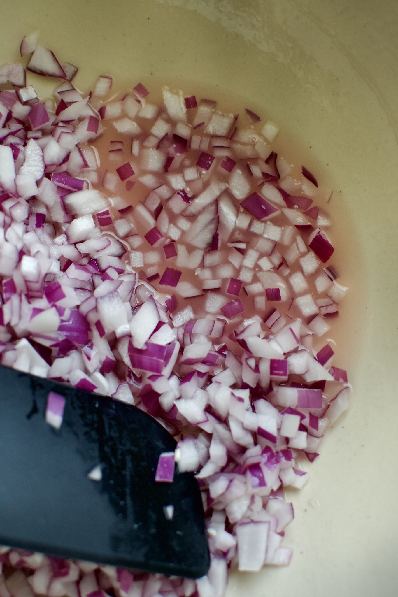 Dice Red Onions in the bottom of a large bowl, seasoned with lime juice.