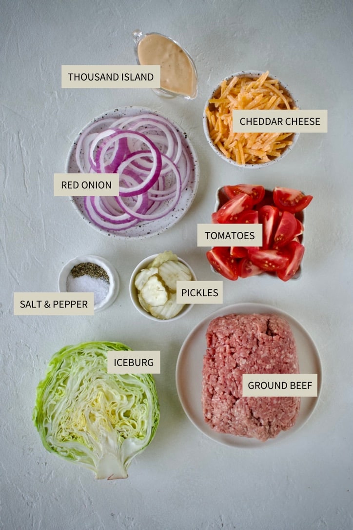 Ingredients needed to make Cheeseburger Salad.