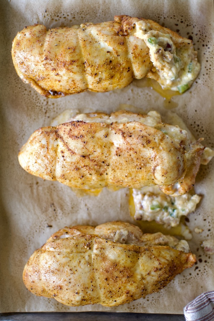 Stuffed Chicken Breast with Cheese after initial baking, twine removed.