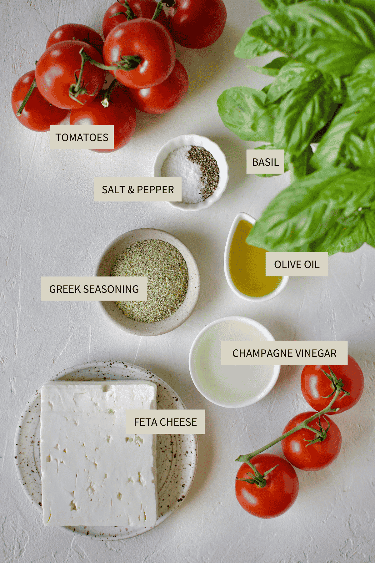 Ingredients needed to make Tomato Feta Salad.